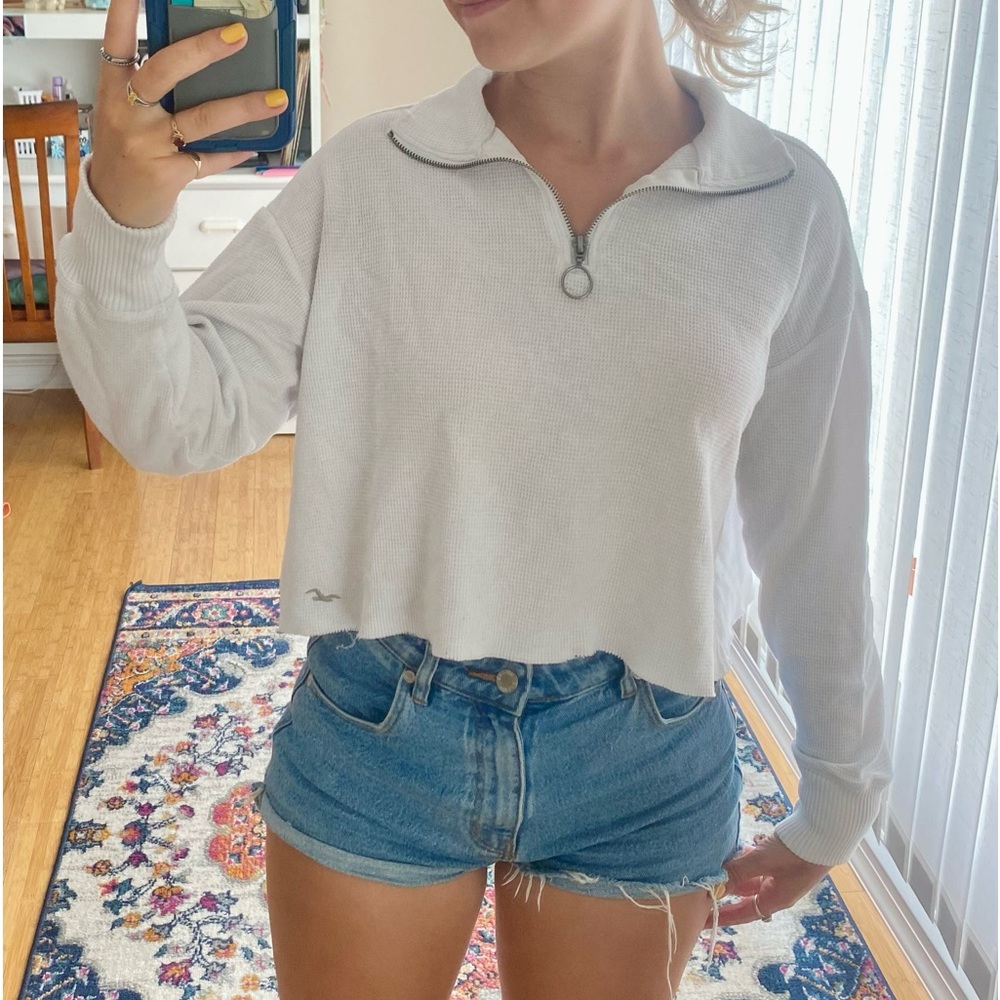 4/$20 HOLLISTER XS Collared White Waffle Knit Cropped Sweater